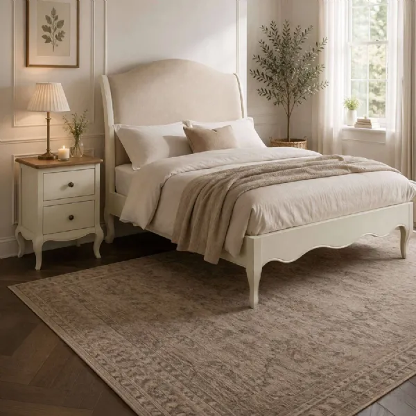Camille French Style Bed Frame Ivory Oatmeal Linen, Double