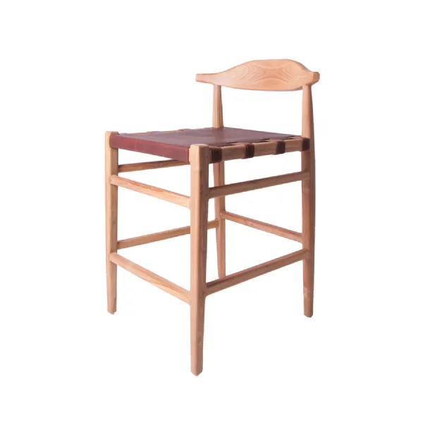 Modern Teak Counter Stool with Leather Seat and Curved Backrest