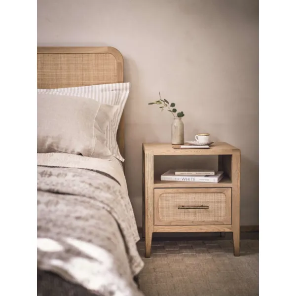 Brown Oak 1 Drawer Small Bedside Table Rattan Front