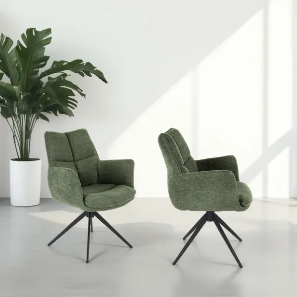 Modern Green Chenille Swivel Dining Chair with Black Metal Spider Base
