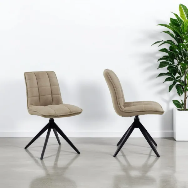 Modern Taupe Fabric Dining Chair with Quilted Seat and Black Iron Legs