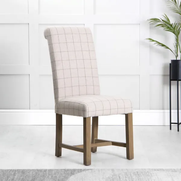 Natural Wool Scroll Back Dining Chair with Wooden Legs