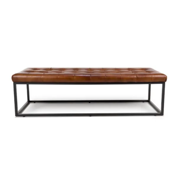 Tan Brown Leather Large Buttoned Dining Bench
