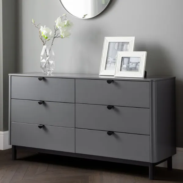 Retro Style Grey Rounded Edge 6 Drawer Chest with Satin Black Legs