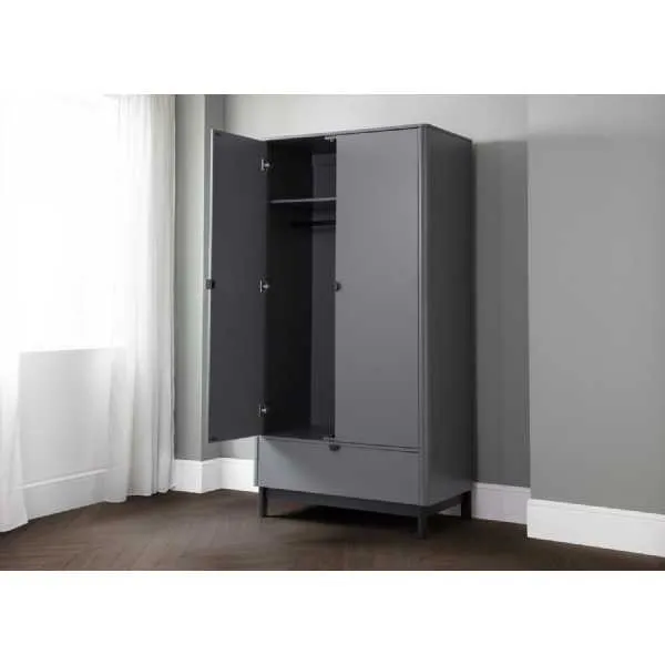 Storm Grey Lacquer Finish 2 Door 1 Drawer Double Wardrobe Modern Retro Design