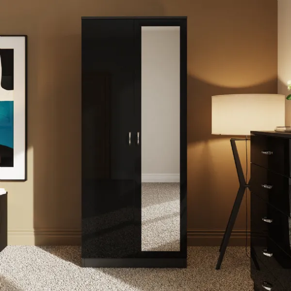Chilton 2 Door Wardrobe With Mirror Black Gloss Front
