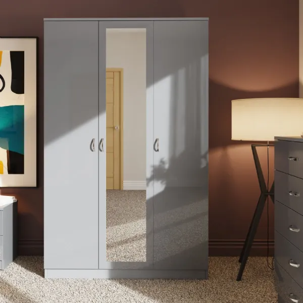 Chilton 3 Door Wardrobe With Mirror Grey Gloss Front