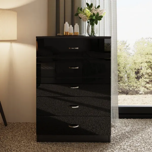 Chilton 5 Drawer Chest Of Drawers Black Gloss Front