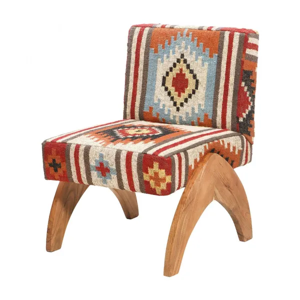 Handcrafted Kilim Upholstered Red Accent Chair with Curved Wooden Legs