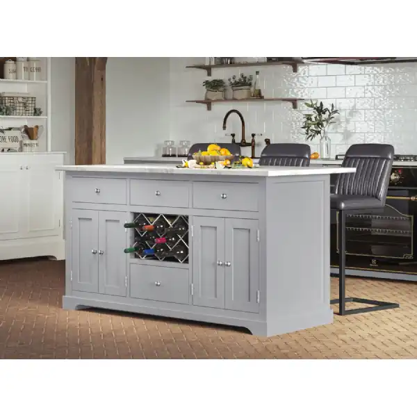 Grey Island with White Granite Worktop Wine Rack and Cupboards