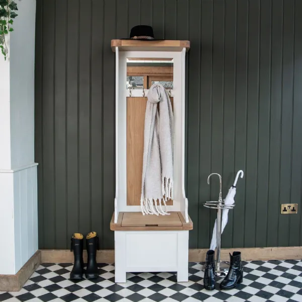 White Wood Tall Hallway Shoe Storage Trunk Bench with Hooks