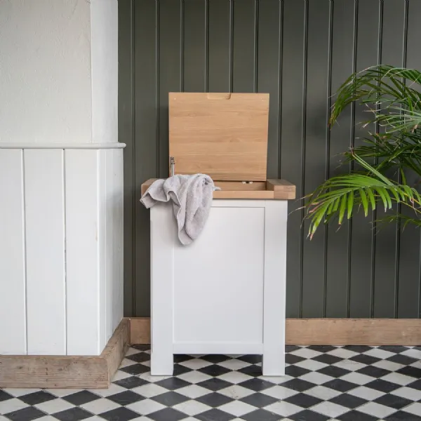 White Wood Laundry Box with Oak Flip Lid