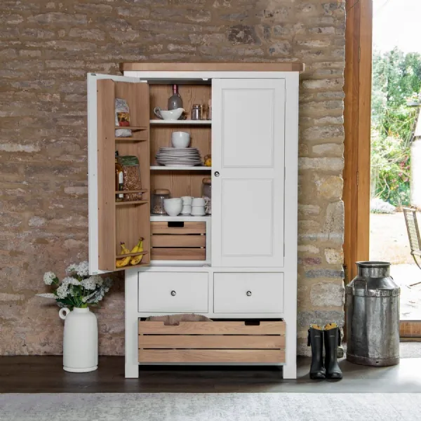White and Oak Wood 2 Door 2 Drawer Double Kitchen Larder