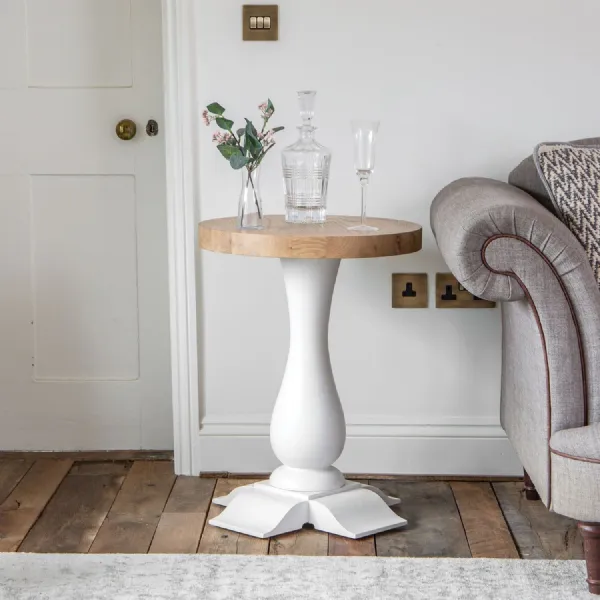 White Wood Round Oak Top Wine Table Pedestal Base