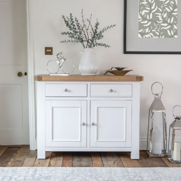 White Wood 2 Door 2 Drawer Sideboard with Oak Top