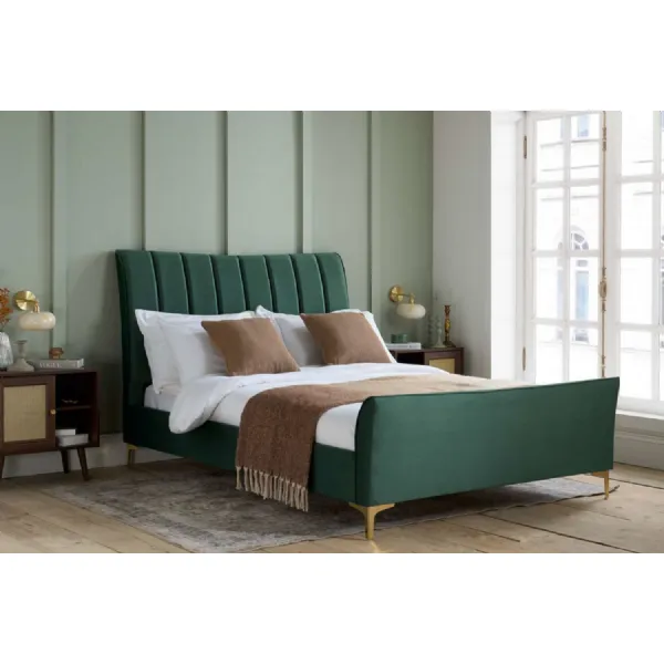 Green Fabric Double Bed with Cushioned Pleated Headboard