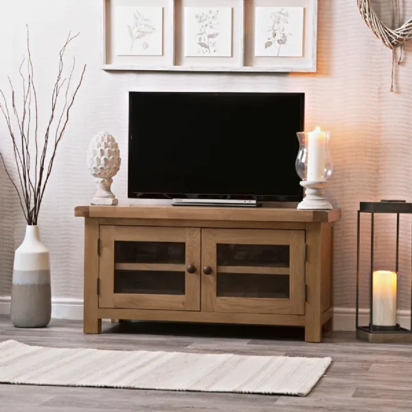 Rustic Oak Small TV Unit with 2 Glass Doors