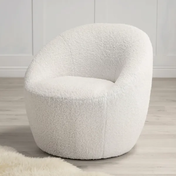 Modern White Shearling Upholstered Accent Chair with Wooden Frame