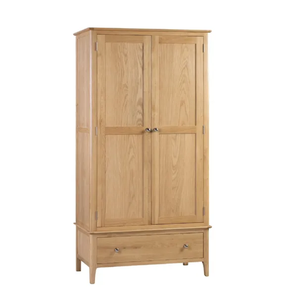 Solid Oak 2 Door 1 Drawer Wardrobe with Silver Knob Handles