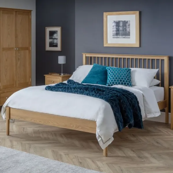 Natural Oak Lacquered Finish 5ft King Size Bed with Slatted Headboard