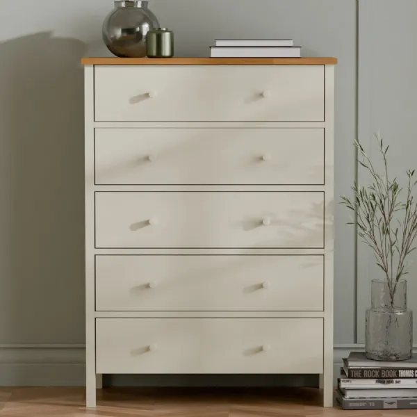 Coxmoor 5 Drawer Wide Chest Ivory and Oak