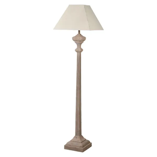 Slim Wooden Carved Floor Lamp with Linen Shade