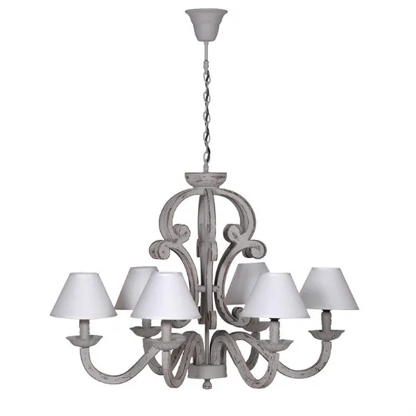 Grey Painted Chic Chandelier With 6 Cream Cotton Fabric Light Shades