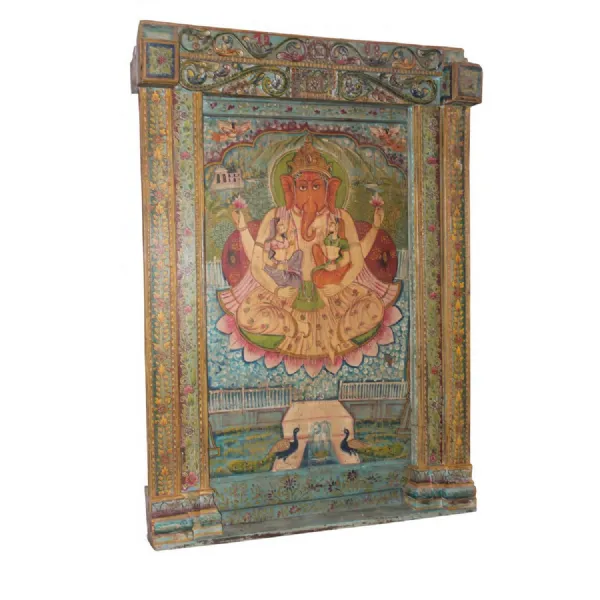 Hand Painted Wooden Door with Lord Ganesh Artwork and Ornate Frame