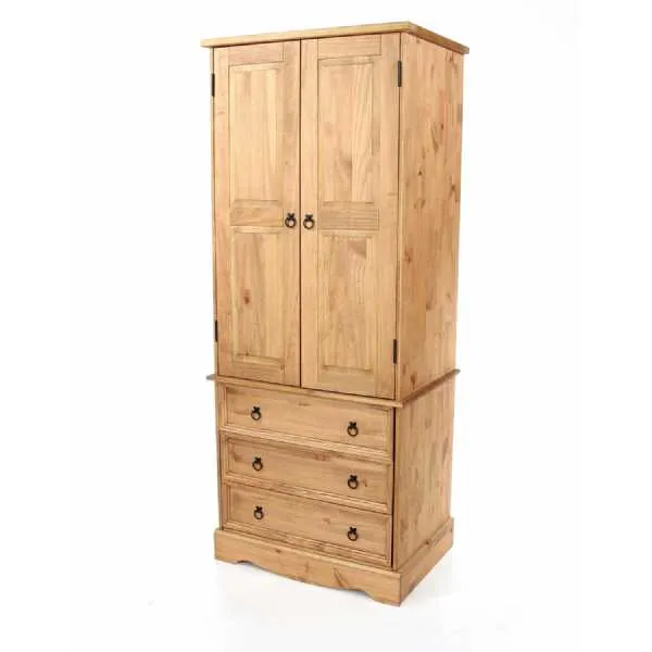 Natural Solid Pine 2 Door 3 Drawer Double Wardrobe Antique Wax Finish 188x76cm