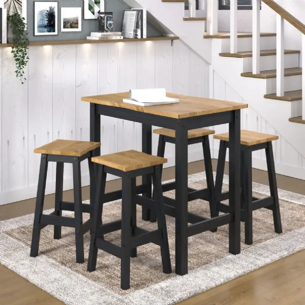 Black and Oak High Breakfast Bar Table Set with 2 Bar Stools
