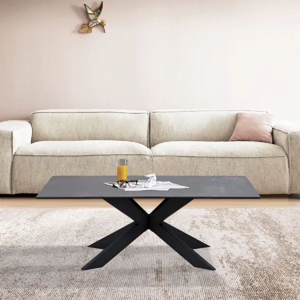 Modern Black Ceramic and Glass Top Rectangular Coffee Table with Iron Legs