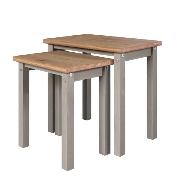 Grey Nest Of 2 Side Tables Antique Wax Oak Top