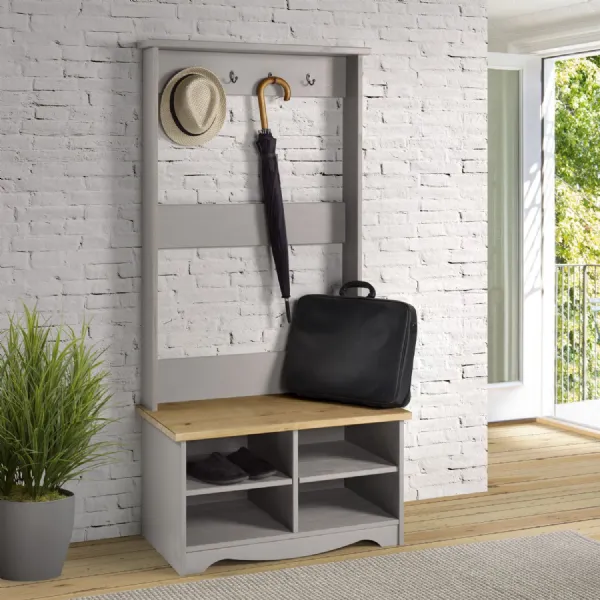 Grey Pine Hall Shoe Bench with Coat Rack Hooks