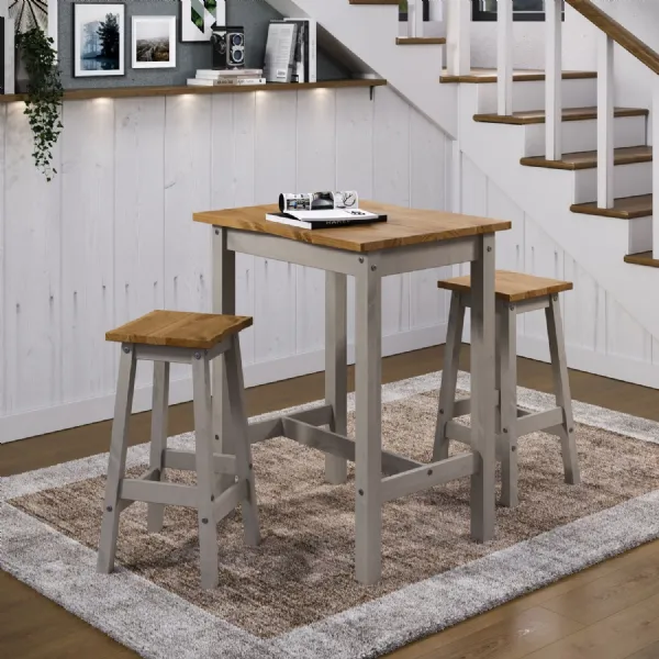 Grey and Antique Wax Wood High Breakfast Bar Table Stool Set