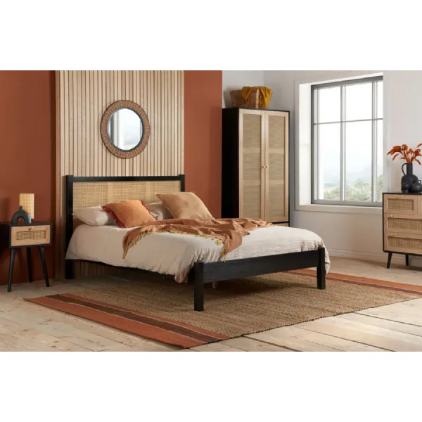 Black Wood Double Low Bed Ornate Rattan Headboard