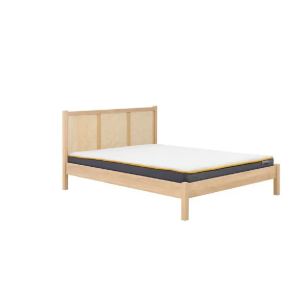 Brown Oak Effect Wood Double Low Bed Rattan Headboard
