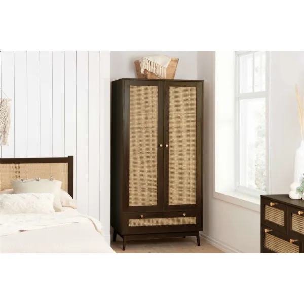 Walnut Effect Wood 2 Door 1 Drawer Double Rattan Wardrobe