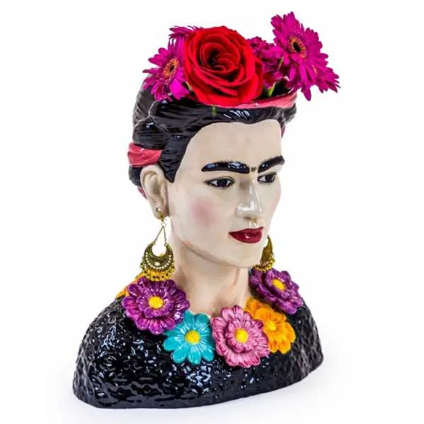 Colourful Floral Ceramic Frida Kahlo Bust Artificial Flower Vase