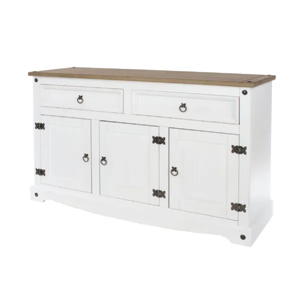White 3 Door 2 Drawer Medium Sideboard Antique Wax Oak Top
