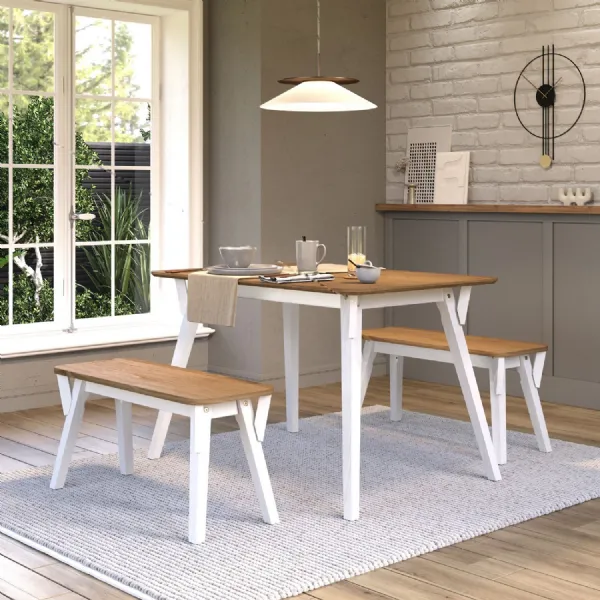 White and Waxed Pine 120cm Dining Table Set with 2 Benches