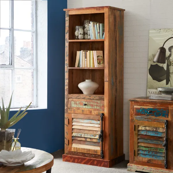 Reclaimed Wood 1 Door 1 Drawer Tall Narrow Bookcase