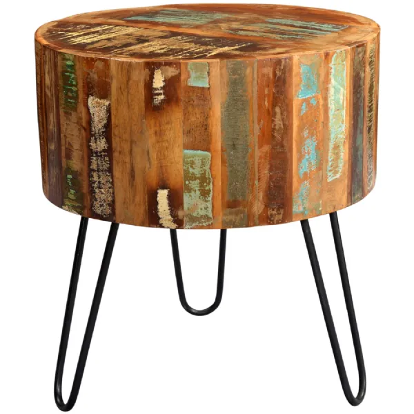 Reclaimed Wood Drum Shaped Round Lamp Table Metal Legs