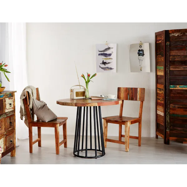 Reclaimed Wood Top 90cm Small Round Dining Table Metal Base