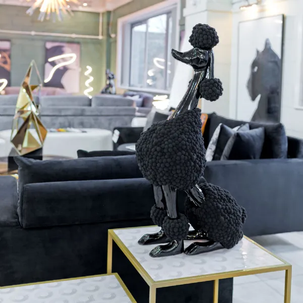Black Gloss Large Poodle Statuette with Pompom Balls