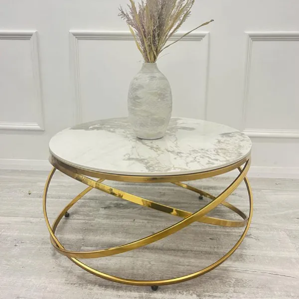 Modern Pandora Sintered Stone Top Round Coffee Table with Gold Metal Frame