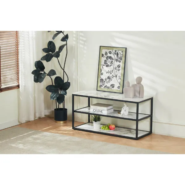 White Marble Effect Stone TV Media Unit Metal Framed
