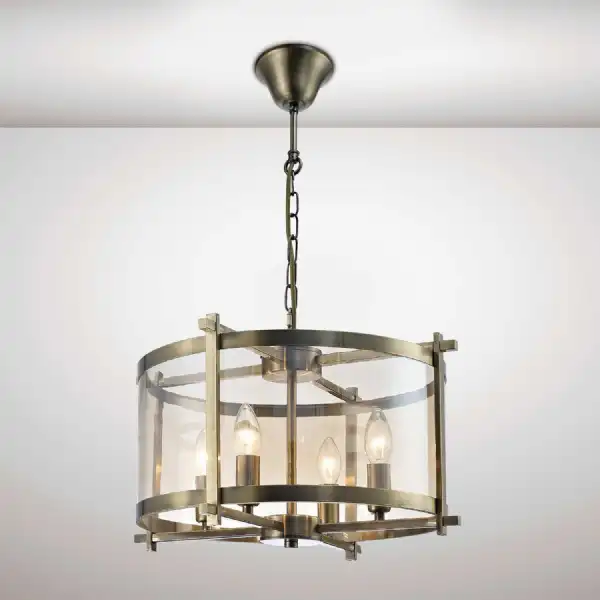 Nolan Single Medium Pendant 4 Light E14 Antique Brass Amber Glass