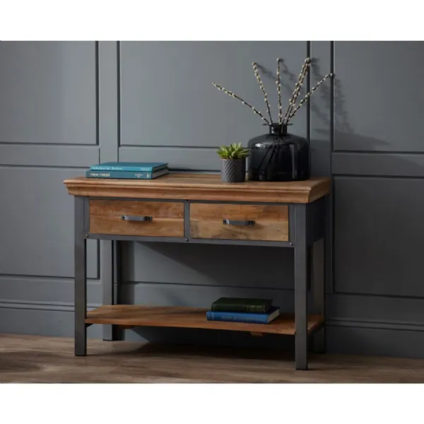 Industrial Distressed Wood 2 Drawer Console Table