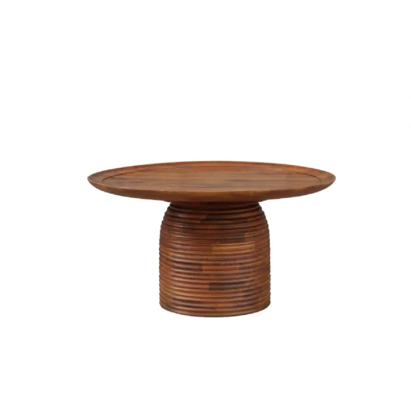Natural Wooden Ribbed Round Coffee Table with Pedestal Base