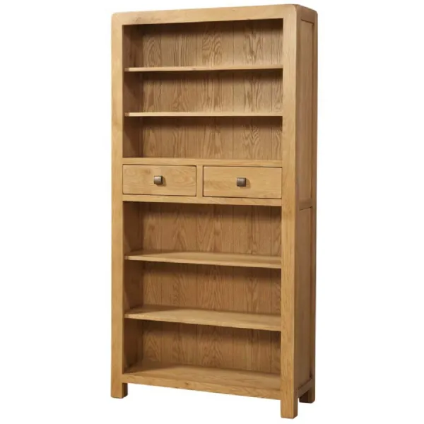 White Waxed Oak Tall Bookcase with 2 Drawers